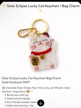 Eclipse White & Red Lucky Cat Keychain with Gold Hardware